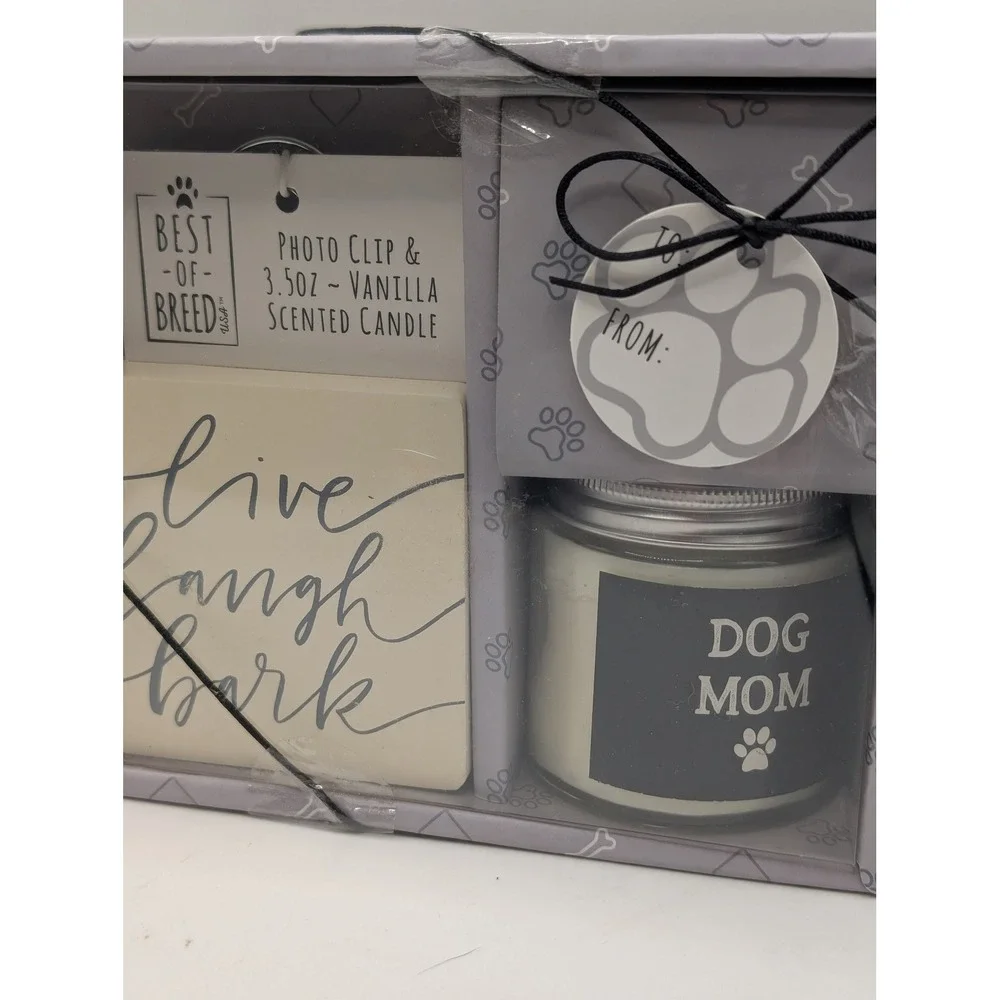 Best of Breed Dog Mom Gift Set Vanilla Scented Candle&Live Laugh Bark Photo Clip